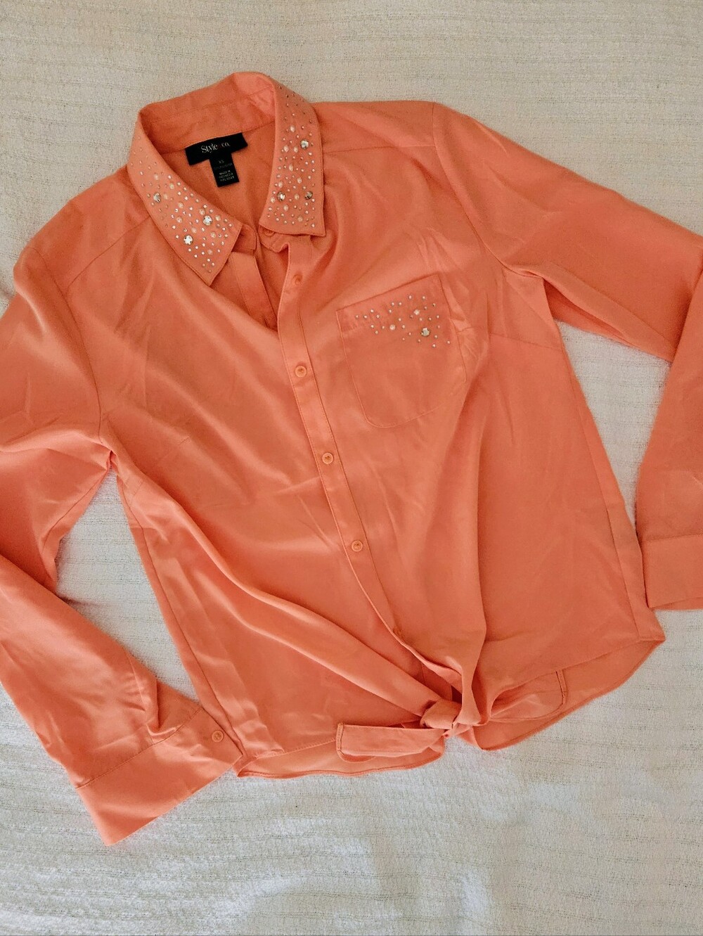 Embellished Collar Button-Up Blouse in Coral